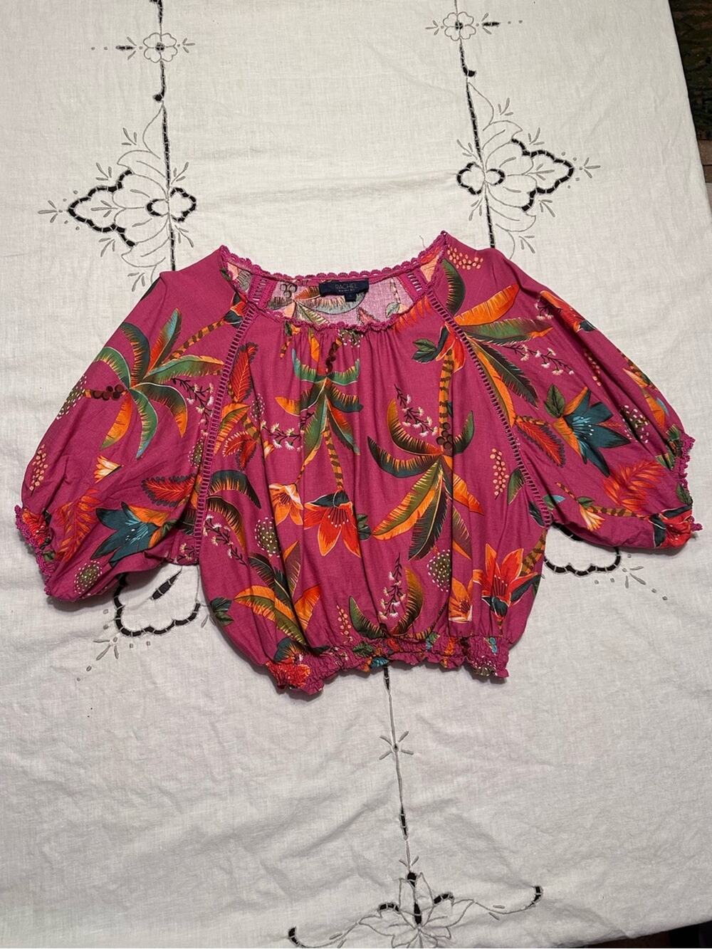 Tropical Cropped Linen Blend Smocked Blouse Resort Vacation Euro Summer